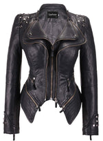 Load image into Gallery viewer, chouyatou Women&#39;s Fashion Studded Perfectly Shaping Faux Leather Biker Jacket (Medium, Black)
