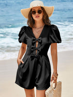 Load image into Gallery viewer, Cicy Bell Womens Cute Rompers Bow Front Puff Sleeve V Neck Short Jumpsuits Sexy Summer Outfits with Pockets
