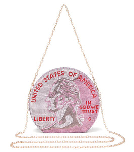 Covelin Women's Dollar Coin Handbag Rhinestone Purse Evening Clutch Bag Pink