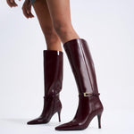 Load image into Gallery viewer, COMJUY Smooth Burgundy Knee High Boots Women Stiletto High Heel 3.3in, Side Zipper Pointed Toe Metal Buckle Tall Boots Dress Boots for Women, Comfortable Faux Leather Below Knee Long Boots Size 8.5
