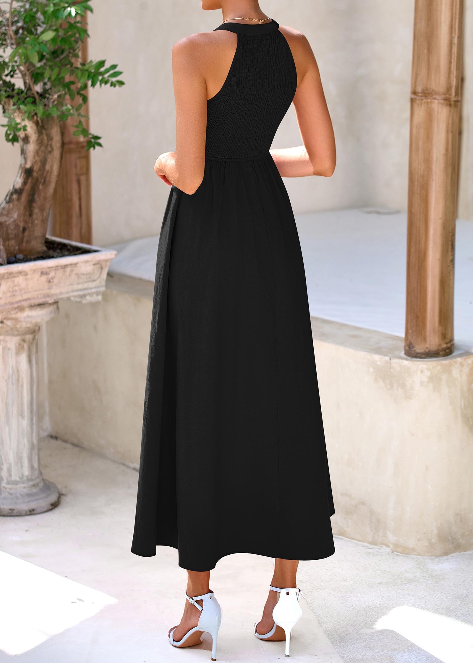 KIRUNDO Women Summer Sleeveless Halter Maxi Dress Sundress 2025 Casual Flowy Wedding Guest Cocktail Beach Vacation Dresses(Black, Medium)
