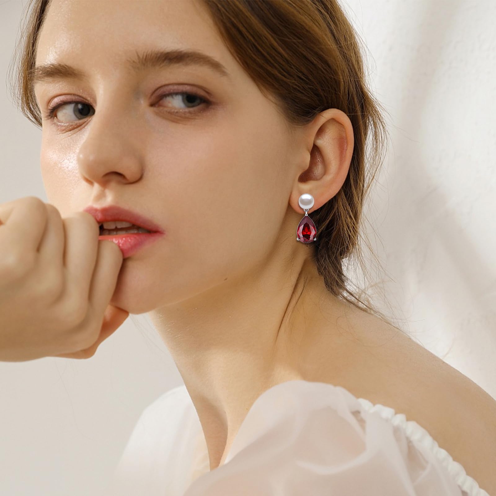 YAMI Pearl Earrings for Women, 925 Sterling Silver Birthstone Teardrop Stud Dangle Earrings, Created Garnet Pear Shaped Zircon Drop Earrings, 8-8.5MM Freshwater Cultured Pearl Jewelry