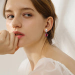 Load image into Gallery viewer, YAMI Pearl Earrings for Women, 925 Sterling Silver Birthstone Teardrop Stud Dangle Earrings, Created Garnet Pear Shaped Zircon Drop Earrings, 8-8.5MM Freshwater Cultured Pearl Jewelry
