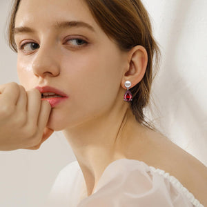 YAMI Pearl Earrings for Women, 925 Sterling Silver Birthstone Teardrop Stud Dangle Earrings, Created Garnet Pear Shaped Zircon Drop Earrings, 8-8.5MM Freshwater Cultured Pearl Jewelry