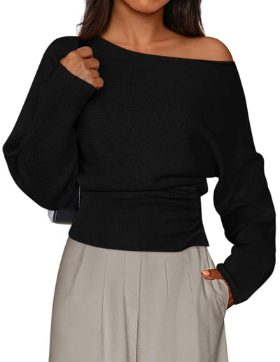PRETTYGARDEN Women Off The Shoulder Sweater 2025 Fall Trendy Long Batwing Sleeve Knit Pullover Going Out Tops Winter Clothing (Black,Medium)