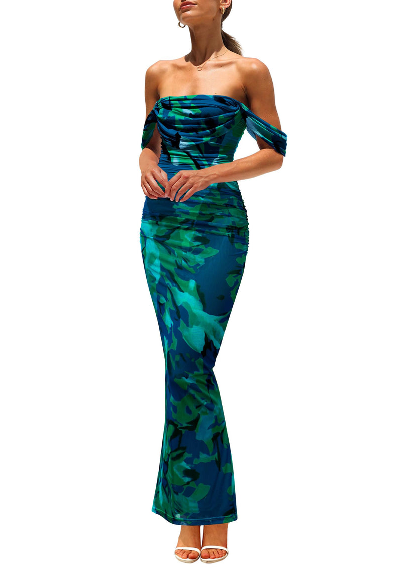 PRETTYGARDEN Women's Ruched Bodycon Maxi Dress 2025 Summer Off Shoulder Floral Mesh Cocktail Party Fitted Dresses (Green Floral,Medium)