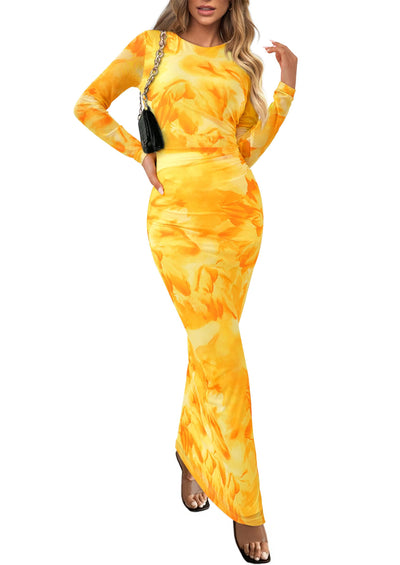 PRETTYGARDEN Women's Bodycon Maxi Dress Fall Spring Fashion Long Sleeve Floral Print Tight Fitted Party Club Ruched Dresses (Yellow Big Floral,X-Small)
