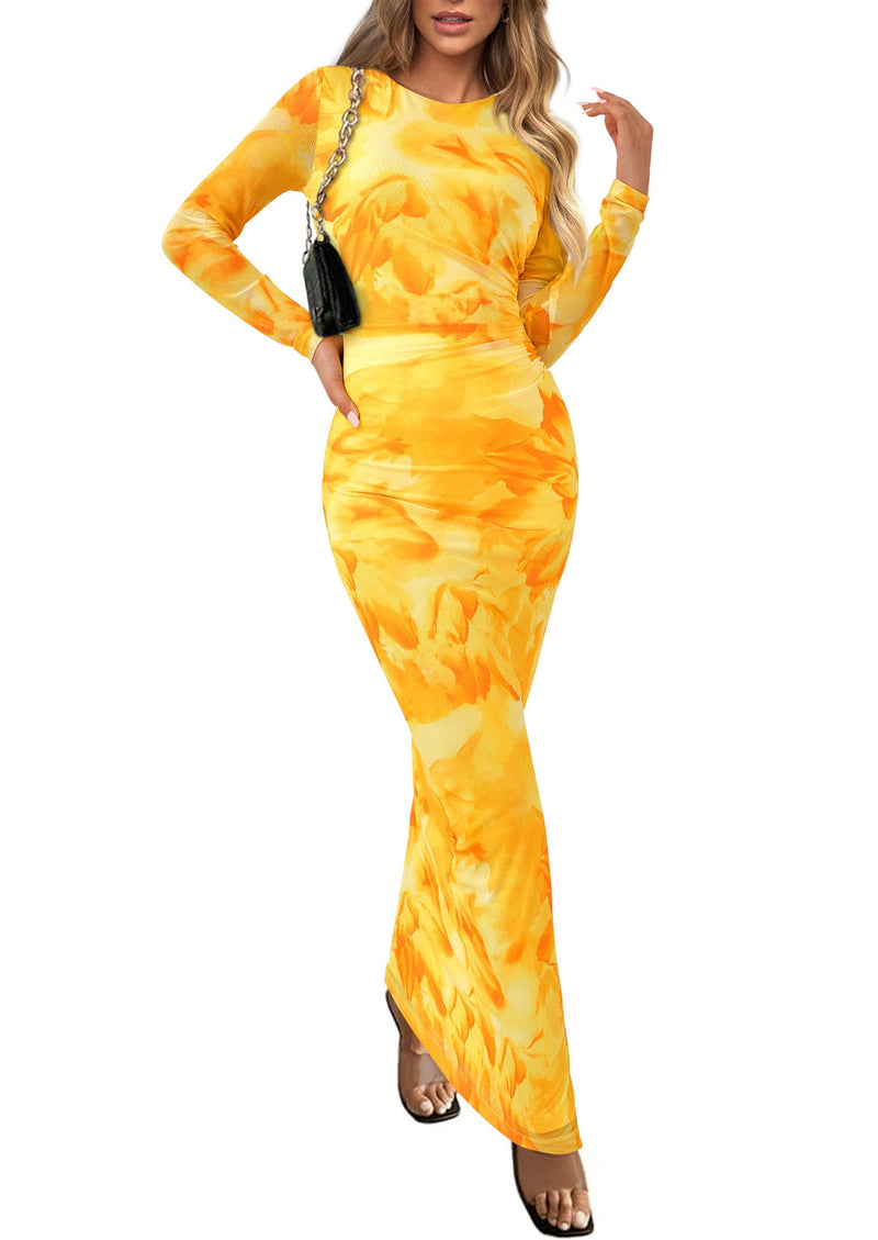 PRETTYGARDEN Women's Bodycon Maxi Dress Fall Spring Fashion Long Sleeve Floral Print Tight Fitted Party Club Ruched Dresses (Yellow Big Floral,X-Small)