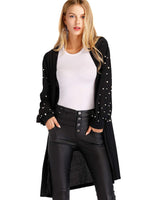 Load image into Gallery viewer, Floerns Women's Open Front Pearl Beading Lantern Sleeve Sweater Long Cardigan A Black L
