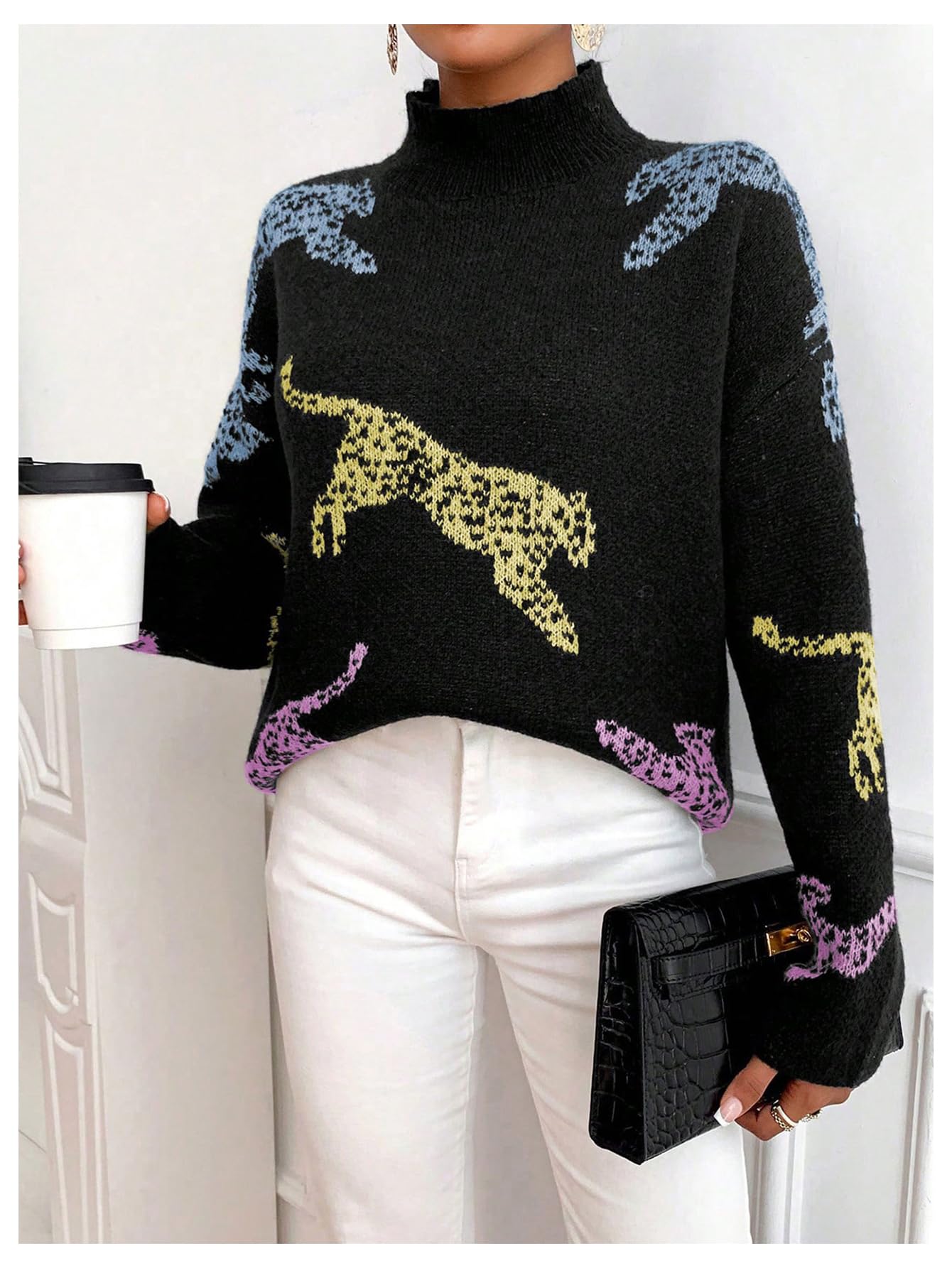 WDIRARA Women's High Neck Sweater Leopard Pattern Long Sleeve Fuzzy Knitted Pullover Top Black Medium