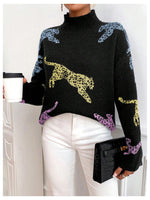 Load image into Gallery viewer, WDIRARA Women&#39;s High Neck Sweater Leopard Pattern Long Sleeve Fuzzy Knitted Pullover Top Black Medium
