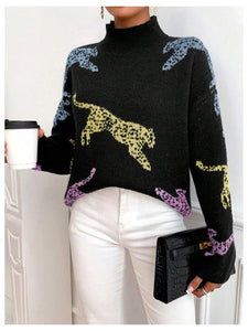 WDIRARA Women's High Neck Sweater Leopard Pattern Long Sleeve Fuzzy Knitted Pullover Top Black Medium