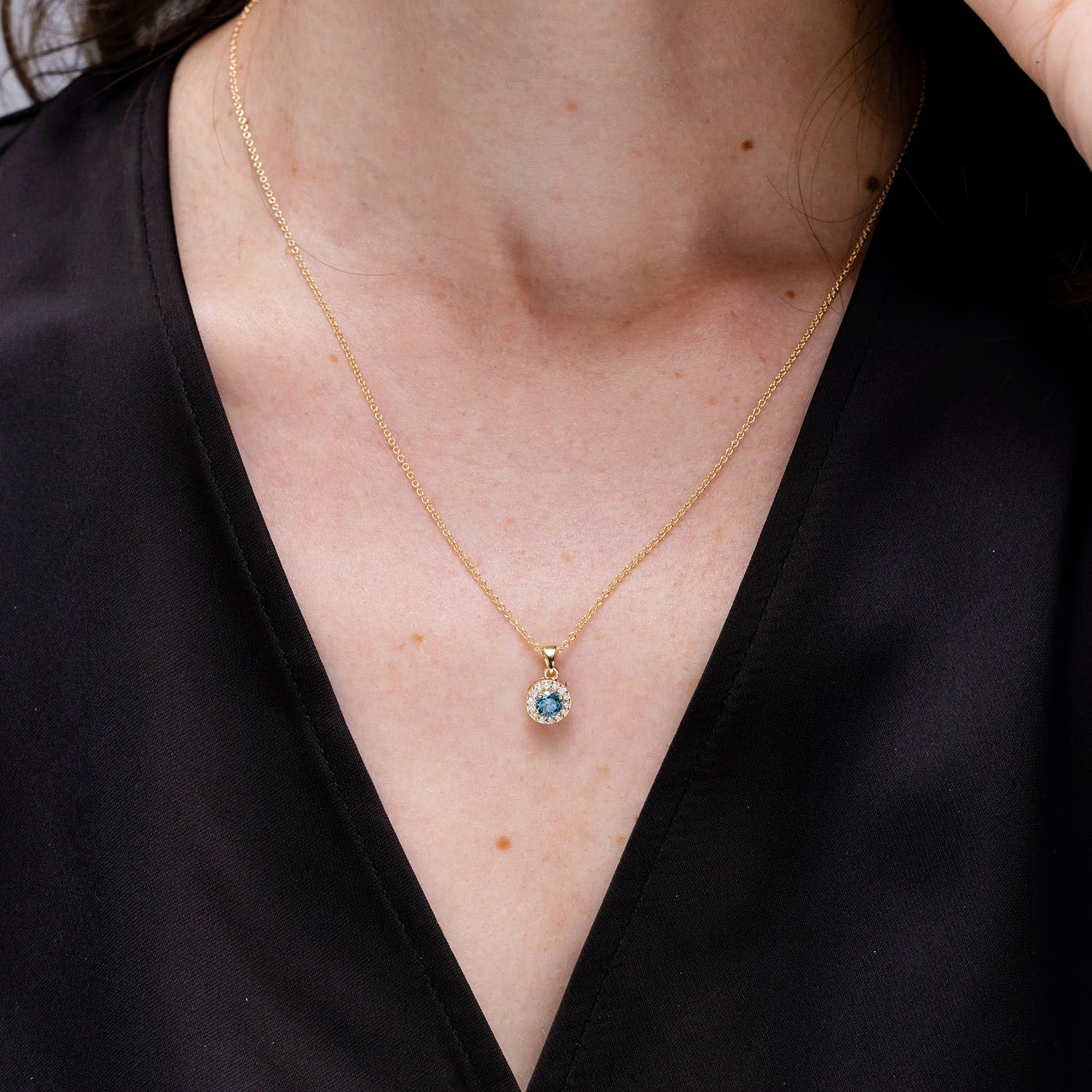 Angara Natural 0.8 Ct Enhanced Blue Diamond and 0.21 Ct Diamond Halo Pendant Necklace for Women in 14K White Gold (Grade-AA | Size-6mm) | Birthday, Anniversary, Wedding Jewelry Gift For Women