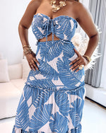 Load image into Gallery viewer, CHICME Floral Printed Prom Dress Drawstring Ruched Shirred Bandeau Party Dress Slim Fit Ruffle Hem Wedding Guest Dresses Blue-M
