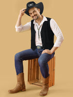 Load image into Gallery viewer, Cutecrop 4 Pcs Western Cowboy Outfits for Men Suede Leather Vest Hat Bolo Tie Belt for Western Halloween Cosplay(Large,Black)

