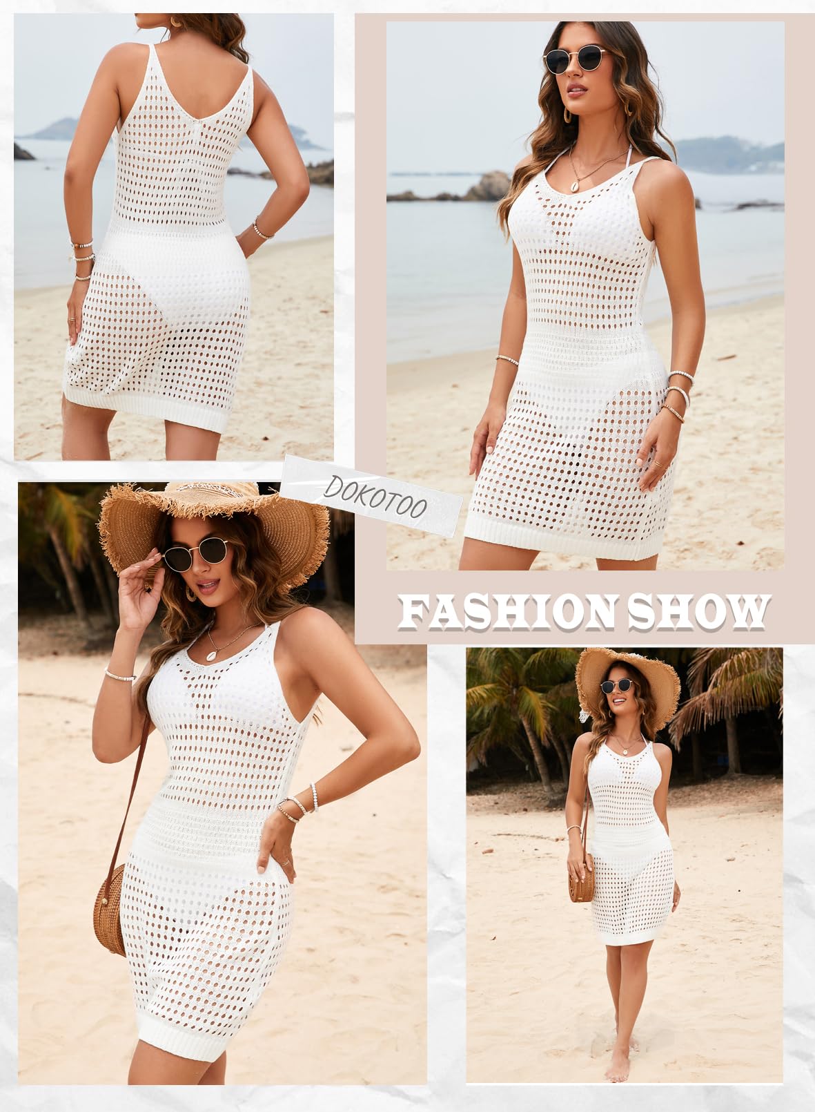 Dokotoo Sexy Swim Cover Up for Women 2025 Summer Fashion Scoop Neck Sleeveless Crochet Hollow Out Knit Mesh Spaghetti Straps Swimsuit Bikini Beach Dress Cruise Essentials Outfits All White Medium