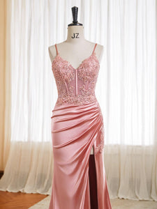 Beaded Satin Prom Dresses 2025 Lace Appliques Corset Long Mermaid Formal Evening Gowns with Slit Light Blue US0