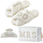 Load image into Gallery viewer, Tkifoda Bride To Be Gift Set Bride Makeup Bag I Do Bride Slippers Bride Robe Bride Hair Clip Bride Gifts Wedding Gifts (Slippers+Makeup Bag+Clip)
