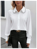 Load image into Gallery viewer, SweatyRocks Women's Long Sleeve Button Down Blouses Rhinestone Decor Work Tops White Medium
