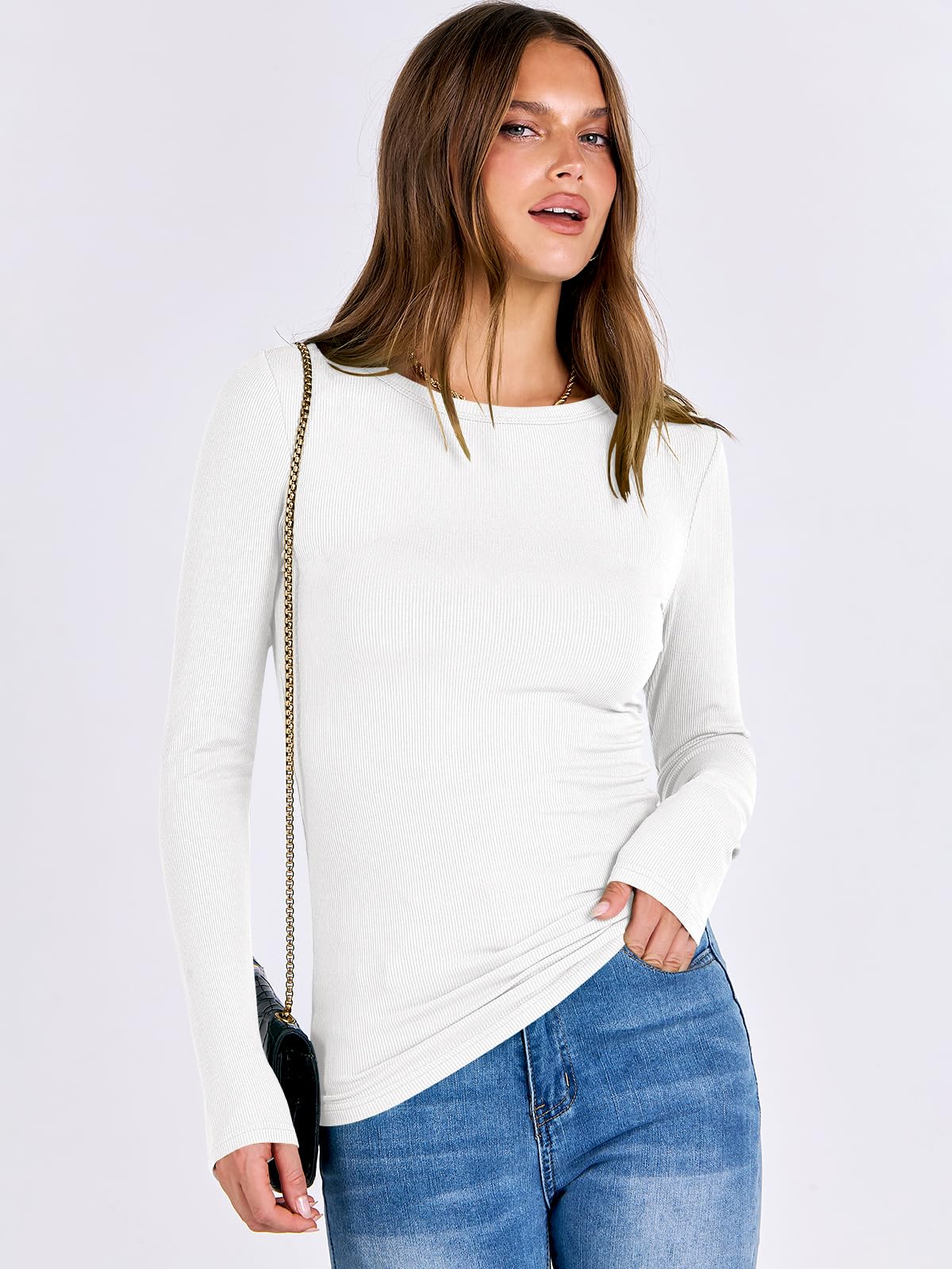 ANRABESS Women Long Sleeve Crewneck Rib Knit Slim Fit Shirts Basic Tee Tops 2025 Casual T-Shirt Going Out Workout Outfits White Medium