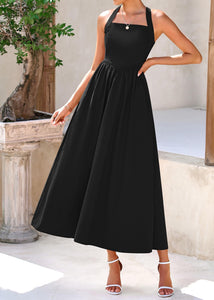 KIRUNDO Women Summer Sleeveless Halter Maxi Dress Sundress 2025 Casual Flowy Wedding Guest Cocktail Beach Vacation Dresses(Black, Medium)
