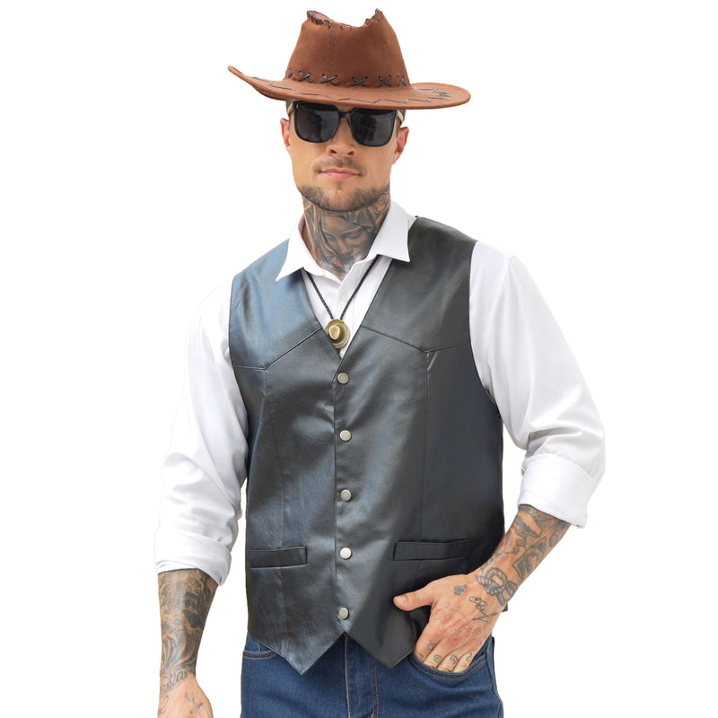 Giftdigger Men's Western Cowboy Vest,Vintage Cowboy Suit Vest with Bolo Tie, Slim Wedding Vests,Leather Light Casual Vests,Black Vintage Western Denim Casual Waistcoat, XXL