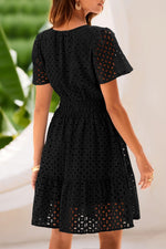 Load image into Gallery viewer, PRETTYGARDEN Womens 2025 Summer Short Dress V Neck Short Sleeve A Line Hollow Out Lace Ruffle Cute Casual Beach Party Dresses (Black,Small)
