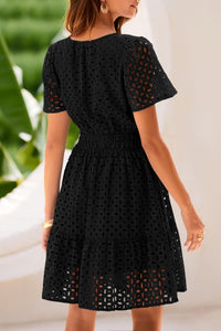 PRETTYGARDEN Womens 2025 Summer Short Dress V Neck Short Sleeve A Line Hollow Out Lace Ruffle Cute Casual Beach Party Dresses (Black,Small)