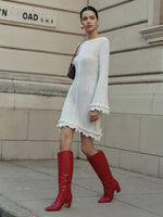 Load image into Gallery viewer, Oiamenne Red Boots for Women Knee High Square Toe Chunky Heel Leather Tall Boots with Side Zipper Fashion Wide Calf Long Boots,Size 8.5
