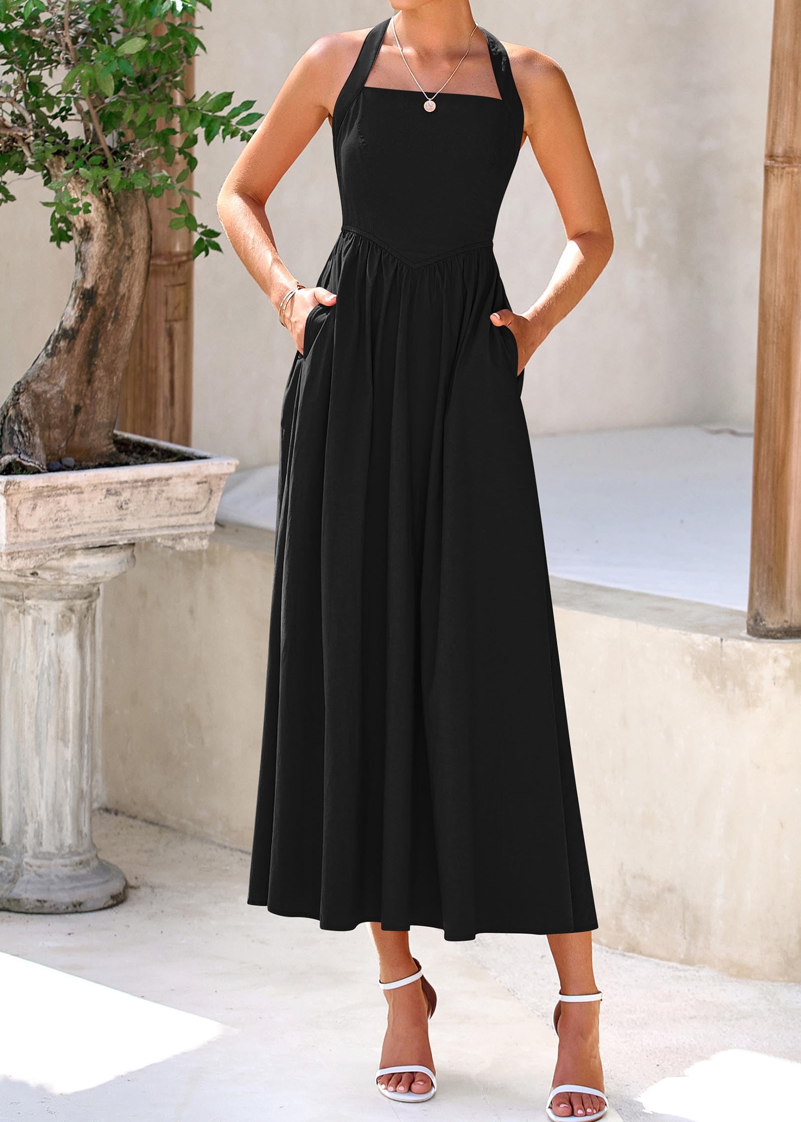 KIRUNDO Women Summer Sleeveless Halter Maxi Dress Sundress 2025 Casual Flowy Wedding Guest Cocktail Beach Vacation Dresses(Black, Medium)