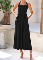 Load image into Gallery viewer, KIRUNDO Women Summer Sleeveless Halter Maxi Dress Sundress 2025 Casual Flowy Wedding Guest Cocktail Beach Vacation Dresses(Black, Medium)
