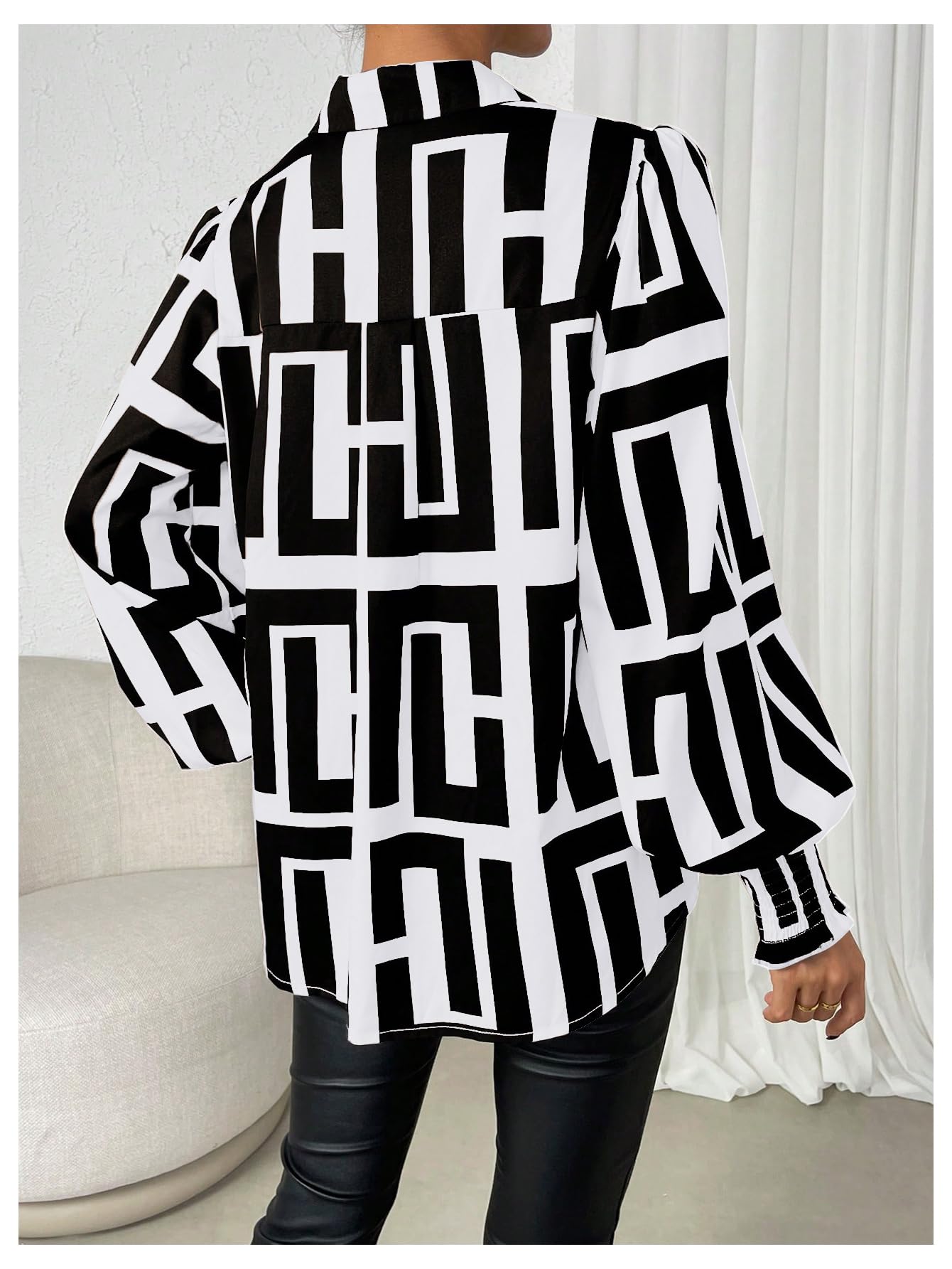 SweatyRocks Women's Graphic Print Long Lantern Sleeve Collar Neck Button Front Blouse Shirt Top Black Medium
