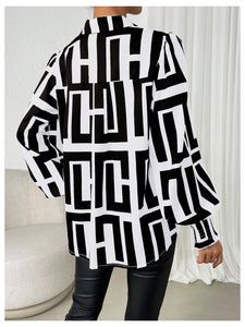 SweatyRocks Women's Graphic Print Long Lantern Sleeve Collar Neck Button Front Blouse Shirt Top Black Medium