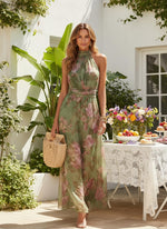 Load image into Gallery viewer, Wedding Guest Dresses for Women Chiffon Watercolor Floral Maxi Dress Halter Neck Sleeveless Pretty Garden Dresses Green
