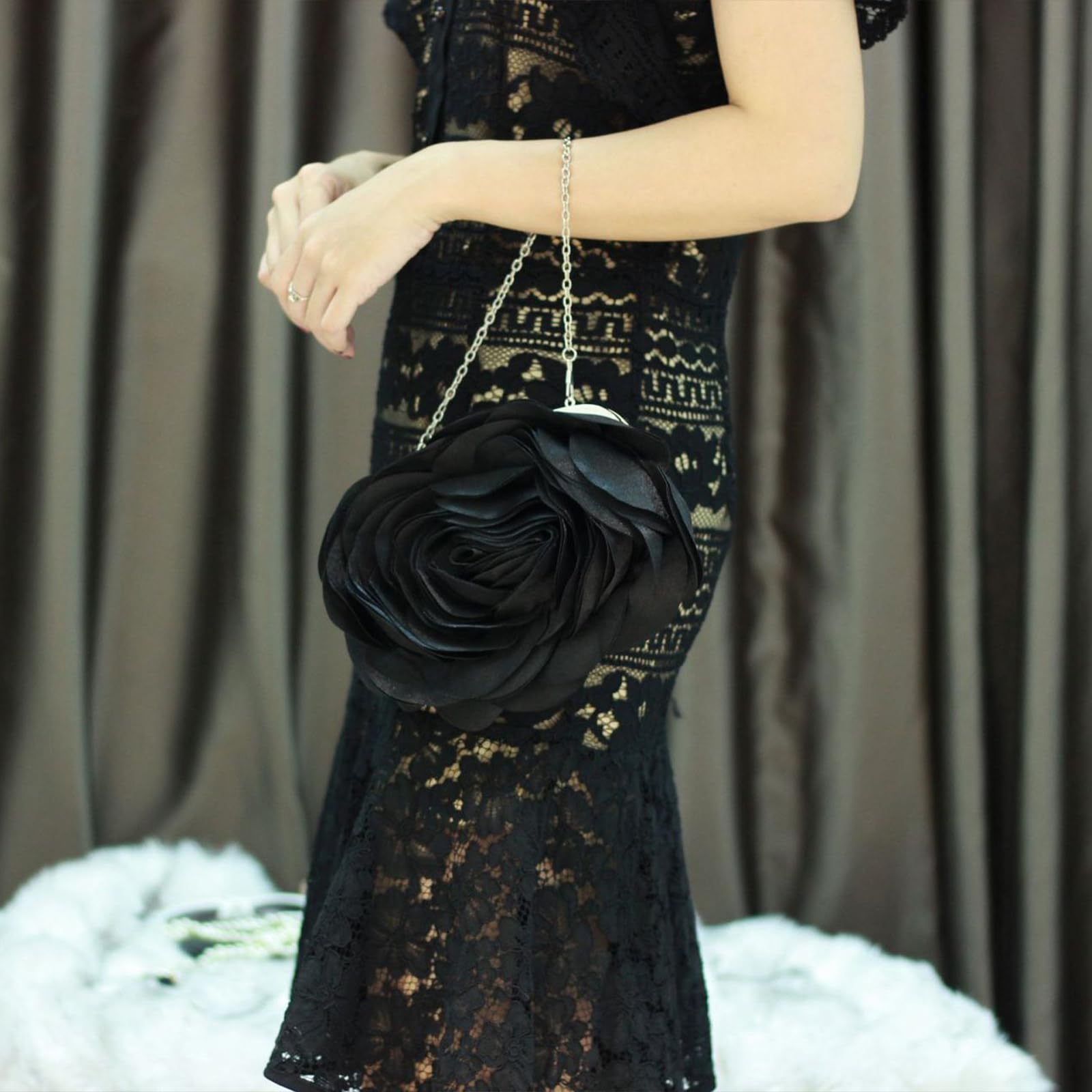 Little Floral Clutch Purse for Women - Elegant Rose Petal Evening Bag with Detachable Chain for Wedding, Gala, Prom, Black