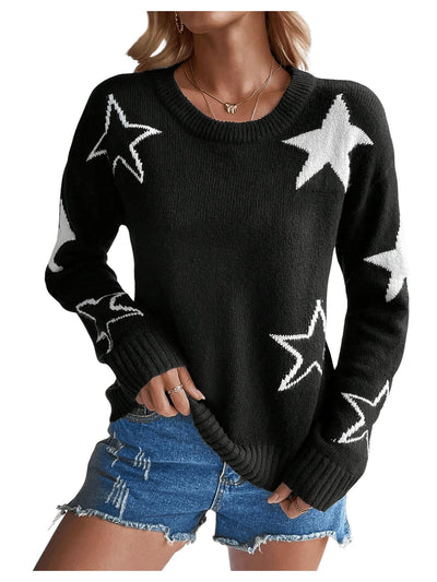 SHENHE Women's Star Pattern Crew Neck Drop Shoulder Casual Sweater Pullover Knitwear Black and White XS