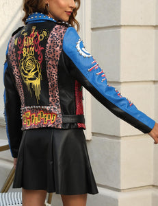 Bellivera Faux Leather Jacket for Women Winter Short Studded Rivet Floral Moto Biker Coat 0370 Blue M