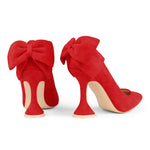 Load image into Gallery viewer, Zzheels Women's Bow High Heels Closed Toe Heels with Bow Chunky Heels Bridal Wedding Shoes Red Suede US6
