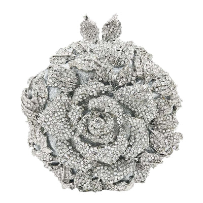 Boutique De FGG Round Rose Flower Crystal Clutch Purses for Women Formal Evening Bags Wedding Clutch Bag Party Handbags,Mini,Silver