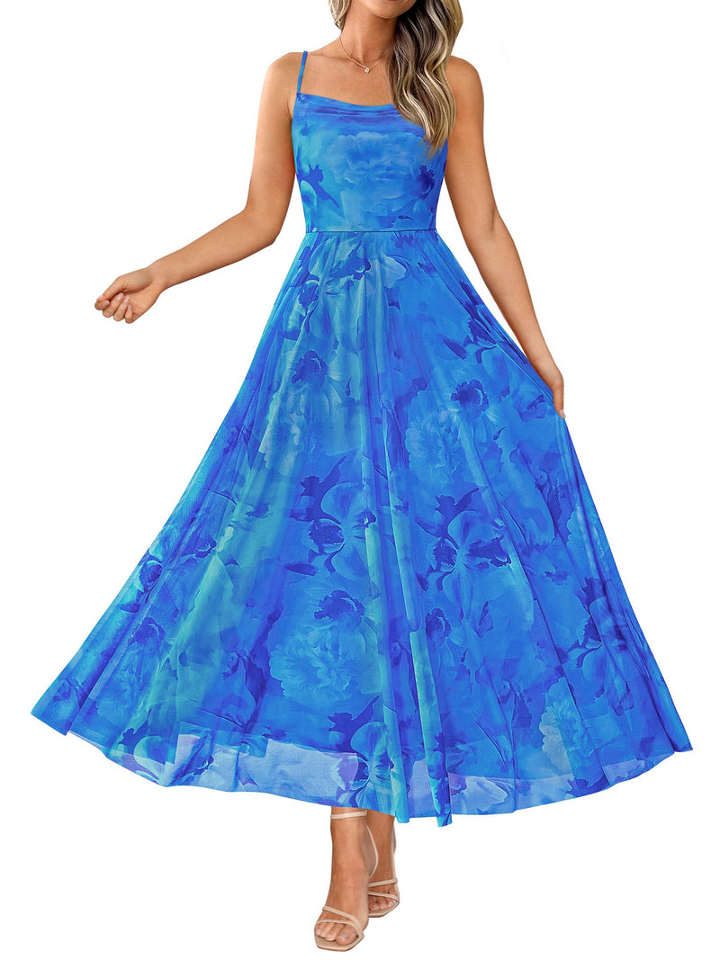 BTFBM Women Summer Floral Maxi Dresses Elegant Spaghetti Strap Dress Printed Party Dress Beach Long Dresses(Floral Blue,Medium)