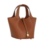 Load image into Gallery viewer, Lafillmiss Genuine Leather Bucket Bag for Women Handheld tote bag with metal clasp, bohemian-style market tote bag, suitable for everyday use and travel, Gift Ready Handbag(Brown)
