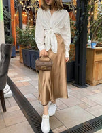 Load image into Gallery viewer, Zeagoo Womens Midi Skirt Satin High Waist Skirt Elegant Silk Skirts Khaki
