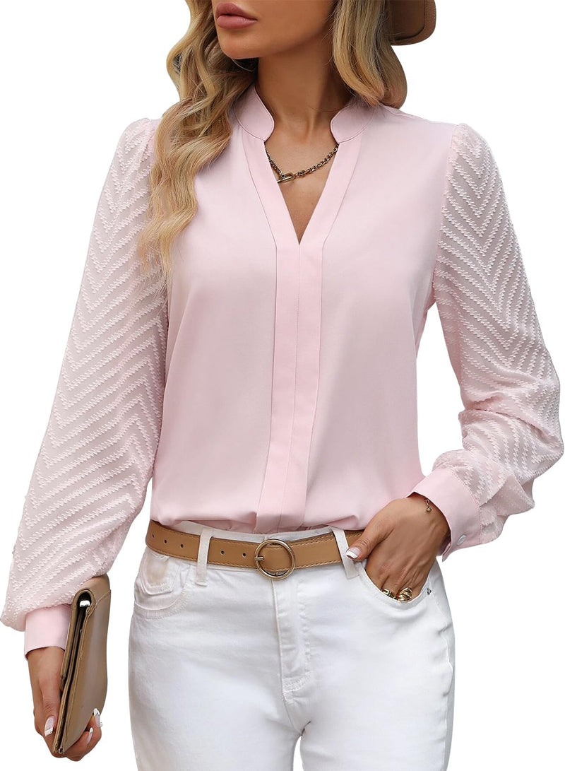 ZOOMOON Womens Tops Dressy Casual Sheer Long Sleeve V Neck Shirts Loose Flowy Business Work Blouses for Women Pink M