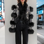 Load image into Gallery viewer, LVCOMEFF Women Sheep Leather Cropped Jacket Bolero Top Coat Motorcycle Jacket With Fox Fur Layer Long Sleeve Python Pattern (US, Alpha, X-Small, Regular, Regular, flower print)
