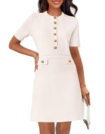 Load image into Gallery viewer, MEROKEETY Women&#39;s Knit Bodycon Sweater Dress Button Short Sleeve Crew Neck Elegant Formal Mini Dress, Ivory, Medium
