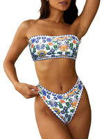 Load image into Gallery viewer, ZAFUL Women Strapless Textured Bandeau Bikini 2 Piece Swimwear Cheeky Solid Lace up Bathing Suits(7-Blue Yellow,M)
