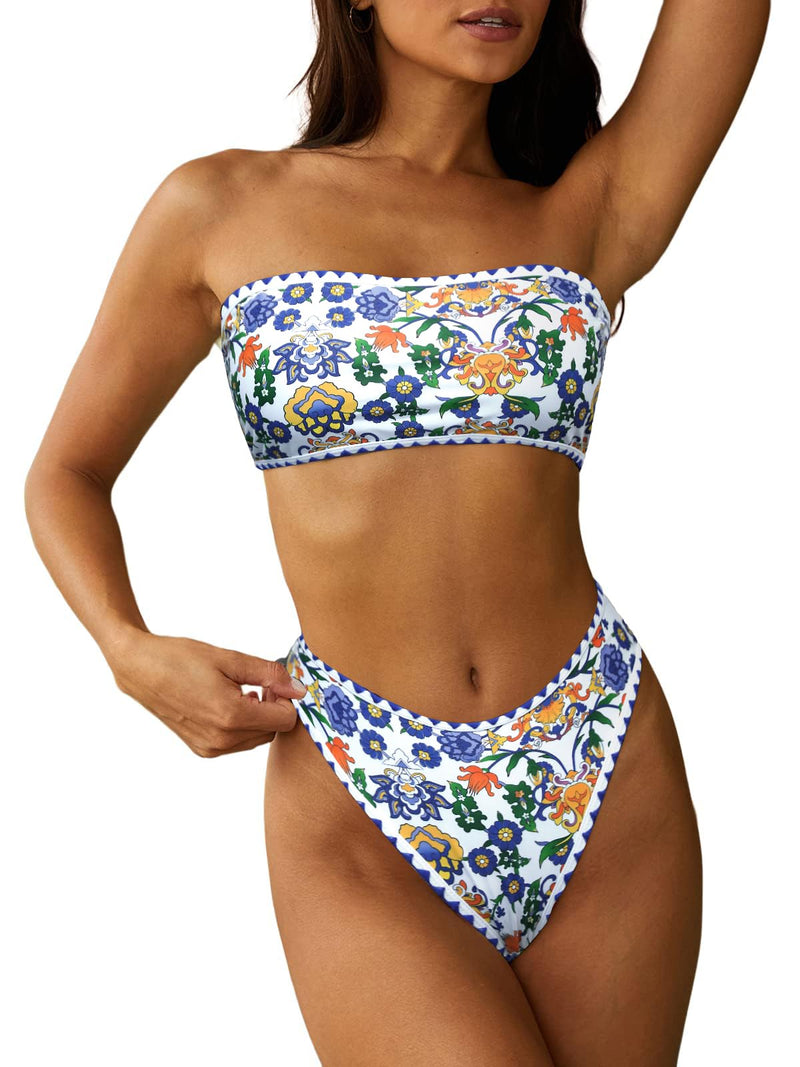 ZAFUL Women Strapless Textured Bandeau Bikini 2 Piece Swimwear Cheeky Solid Lace up Bathing Suits(7-Blue Yellow,M)