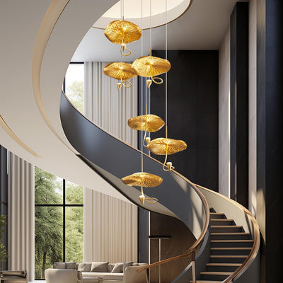 BERHZIMD 6-Light Gold LED Staircase Chandelier for High Ceilings,Large Long Pendant Lights Fixture Villas Modern Hanging Light Fixture,Entryway and Stairs, Adjustable Length