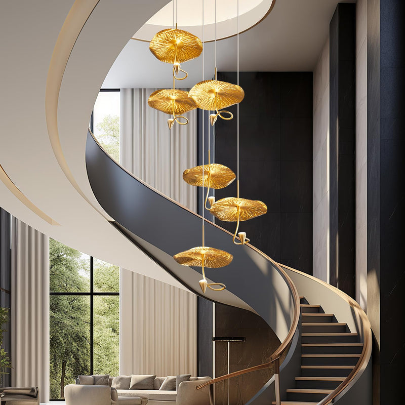BERHZIMD 6-Light Gold LED Staircase Chandelier for High Ceilings,Large Long Pendant Lights Fixture Villas Modern Hanging Light Fixture,Entryway and Stairs, Adjustable Length