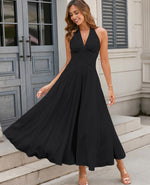 Load image into Gallery viewer, GLNEGE Women's Summer V-Neck Long Dress Casual Halter Wedding Guest Dresses Boho Flowy Smocked Sundress 2026 Black
